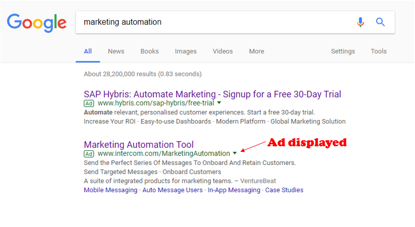 Google search ad for landing page